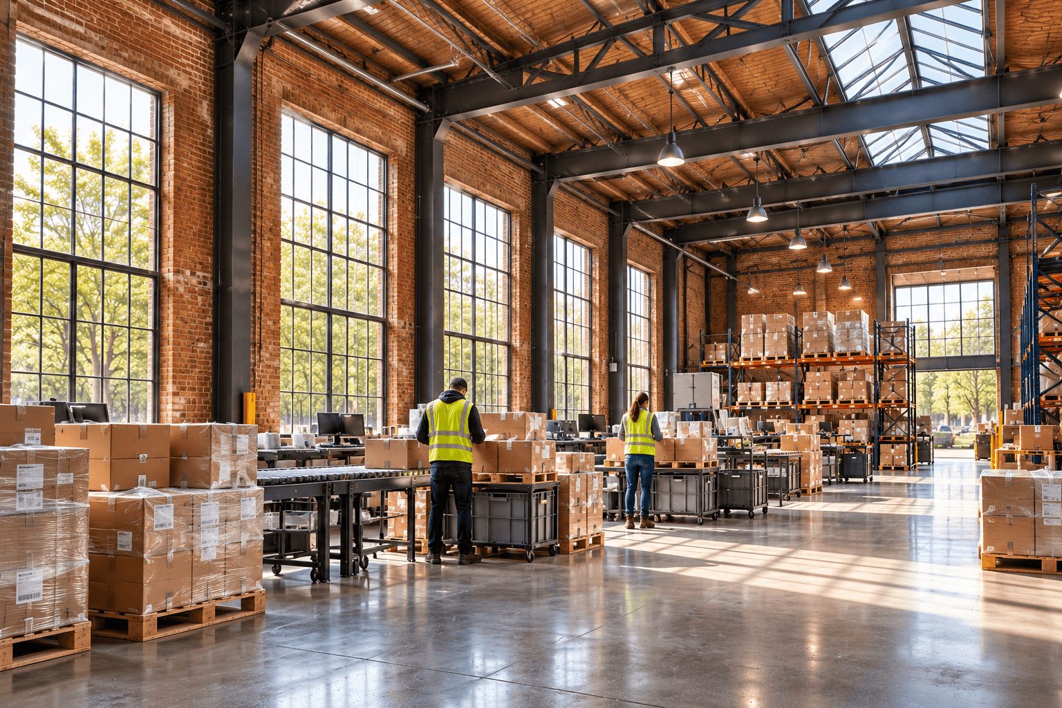 Illustrative returns processing inside an industrial warehouse